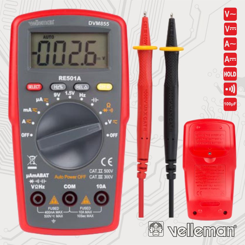 Multímetro Digital 3½ Dígitos Catii500V/Catiii300V Velleman - NOVEDUC Equipamento Laboratório e Formação Profissional