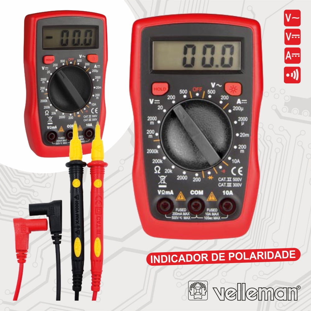 Multímetro Digital 3½ Dígitos Catii500V/Catiii300V Velleman - NOVEDUC Equipamento Laboratório e Formação Profissional