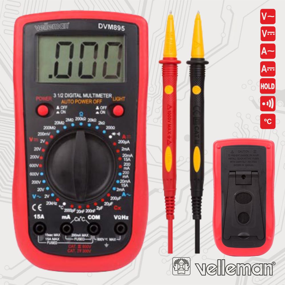 Multímetro Digital 3½ Dígitos Catiii600V/Cativ300V Velleman - NOVEDUC Equipamento Laboratório e Formação Profissional